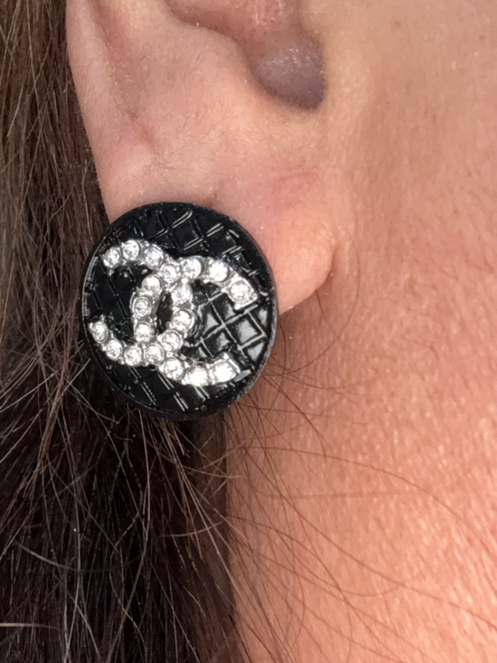 Black Crystal Logo Round Stud Earrings